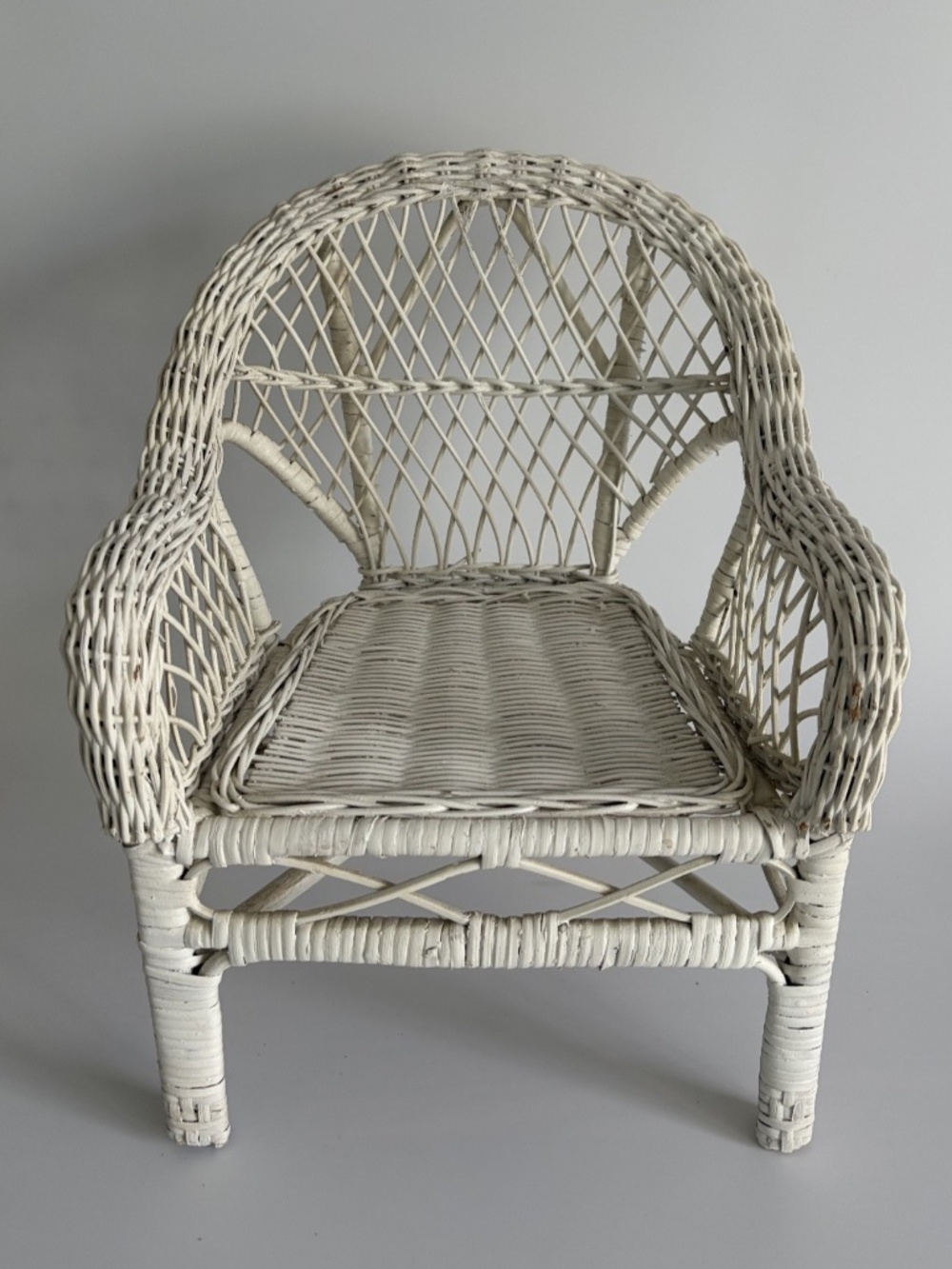 VTG Wicker Doll Chair White Rattan 12" Cottagecore Doll Furniture Chair Prop